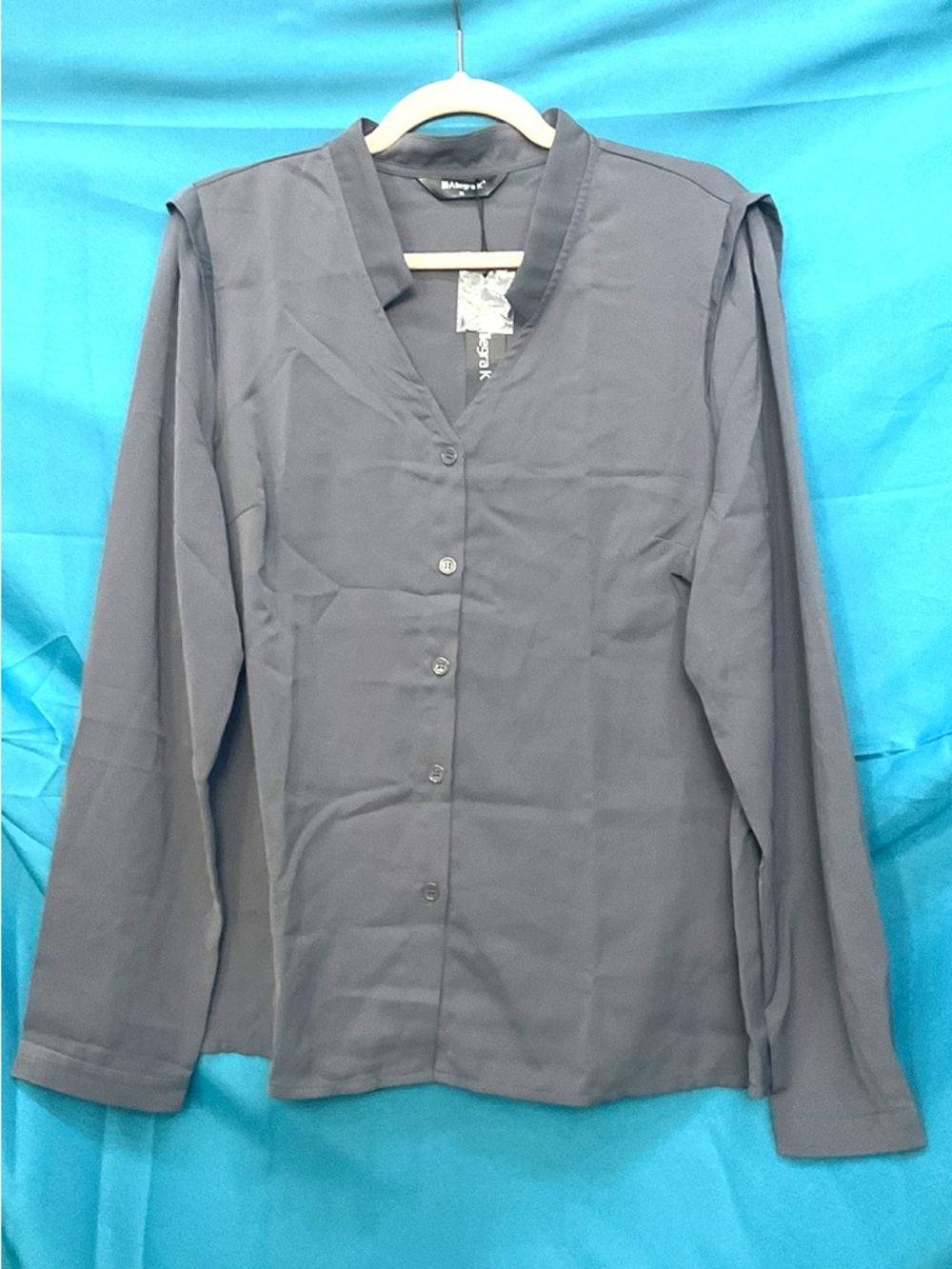 Gray Silky Button Up V-Neck Blouse • NWT • p2p 23" length 26"